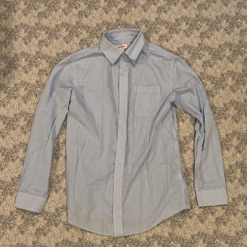 Boys blue and white checkered button down oxford shirt. Size L (12/14)